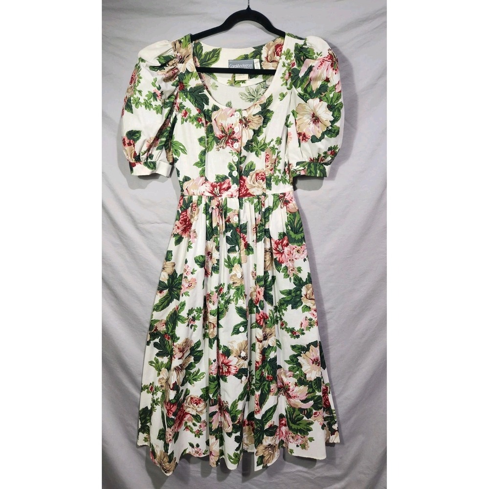 Carol Anderson Floral Midi‎ Dress Puff Sleeve Button Front Cottagecore Size 5/6